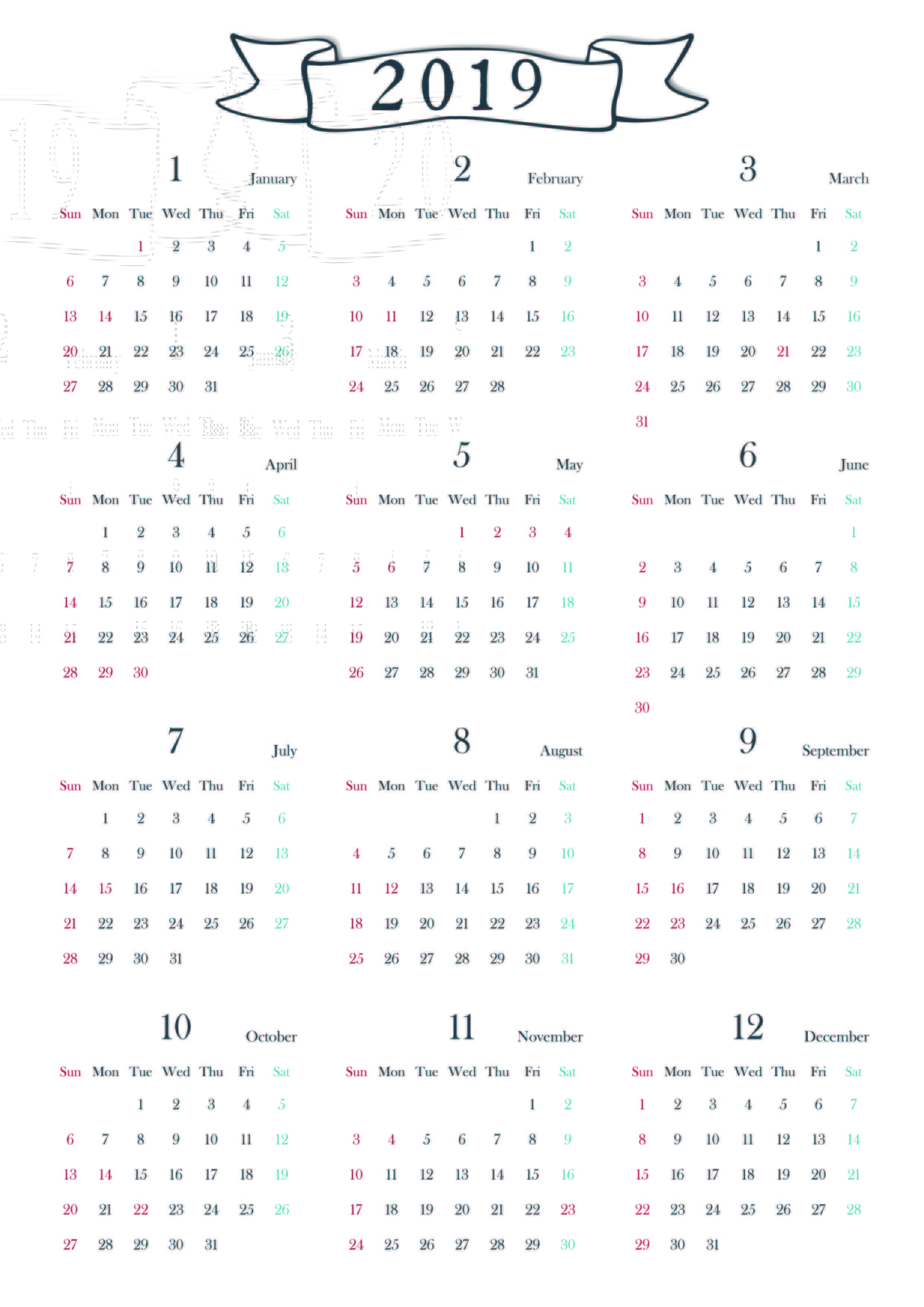 No 縦向きの1月から12月までの1年間分を入れた年間カレンダー Blair