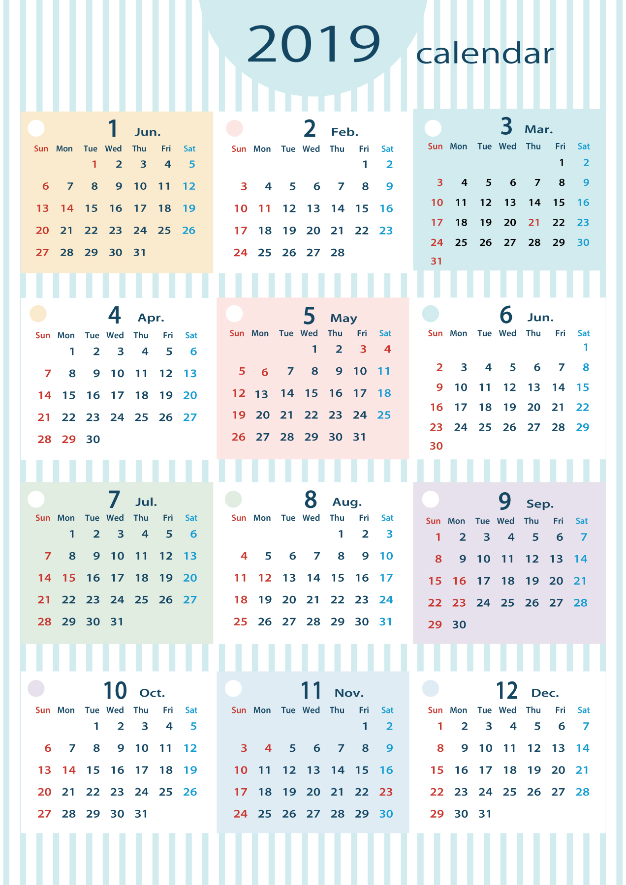 No 縦向きの1月から12月までの1年間分を入れた年間カレンダー Blair